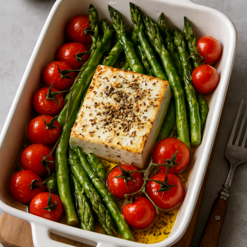 Ofenfeta mit grünem Spargel und knackigen Cherrytomaten