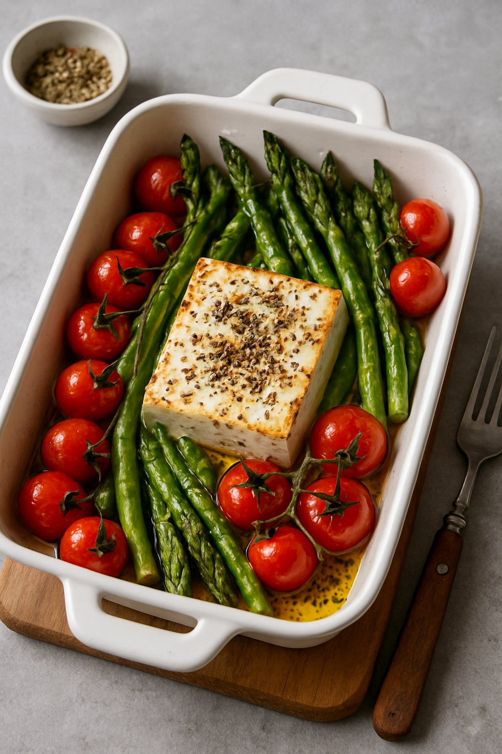 Ofenfeta mit grünem Spargel und knackigen Cherrytomaten